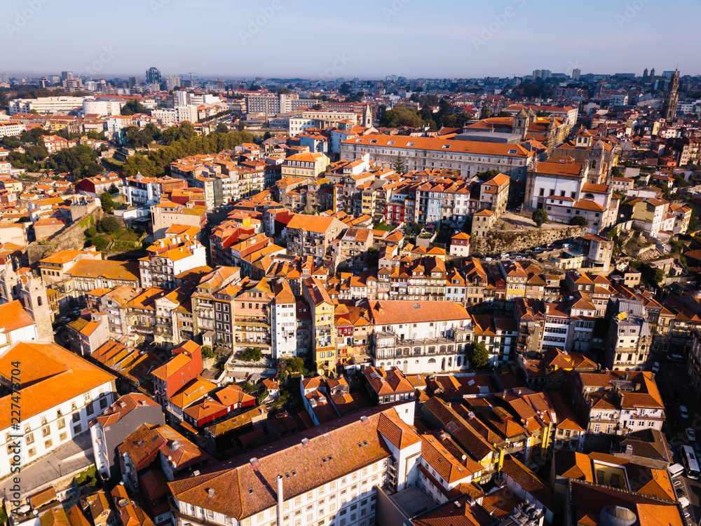Aerial view of houses old city Porto center, Portugal.