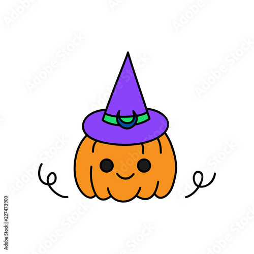 Cute hand drawn spooky carved pumpkin in wizard costume vector illustration. Halloween pumpkin with witch purple and green hat, isolated.