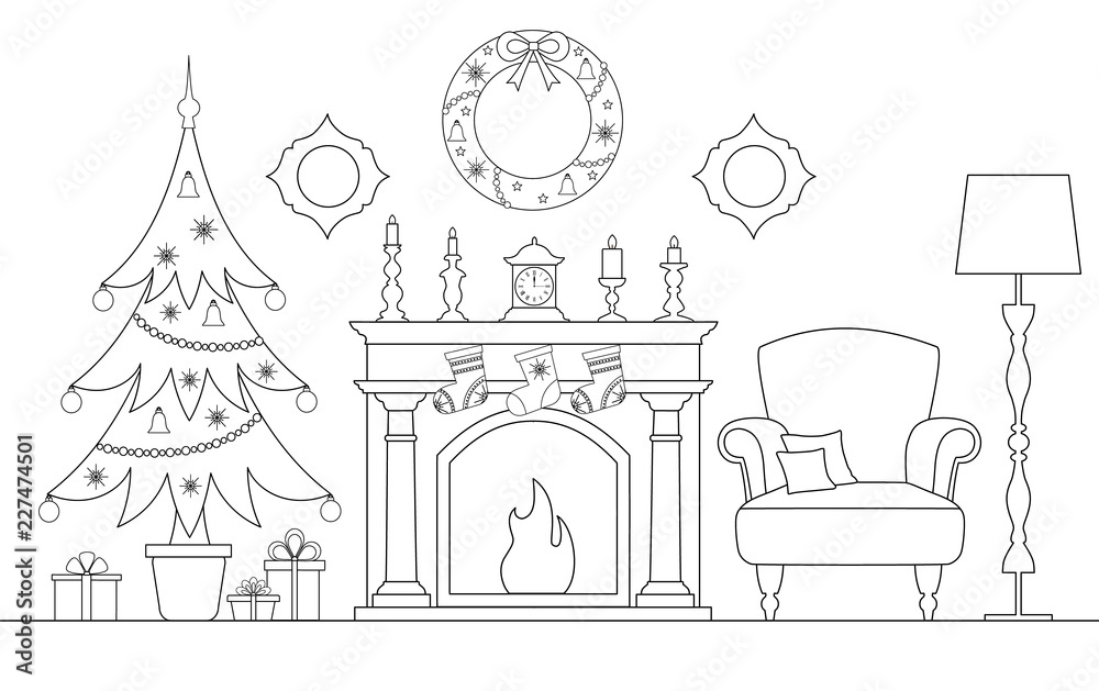 Christmas interior with fireplace, christmas tree and gifts. Card in a linear style. Vector illustration. Room decorated for the holiday.