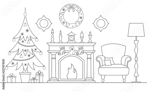 Christmas interior with fireplace, christmas tree and gifts. Card in a linear style. Vector illustration. Room decorated for the holiday.