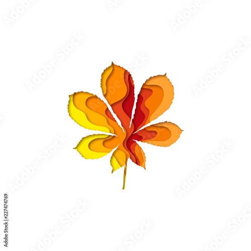 Paper cut autumn chestnut leaf shape 3D design. Template of lettering for postcard, banner, poster, placard.  Colorful vector illustration.