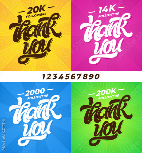THANK YOU followers. Set of banners for social media with lettering and all digits. Modern brush calligraphy. Editable template for banner  poster  message  post. Vector illustration.