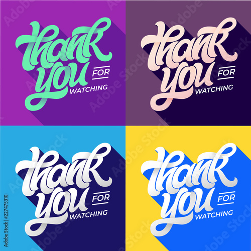 THANK YOU FOR WATCHING typography. Set of editable banners for social media. Flat style lettering with long shadow in trending colors. Vector template for banner, poster, message, post.