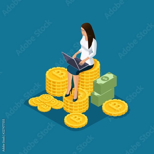 Isometric business lady sits on a large pile of cash and ico blockchain cryptocurrency mining, startup project isolated vector illustration