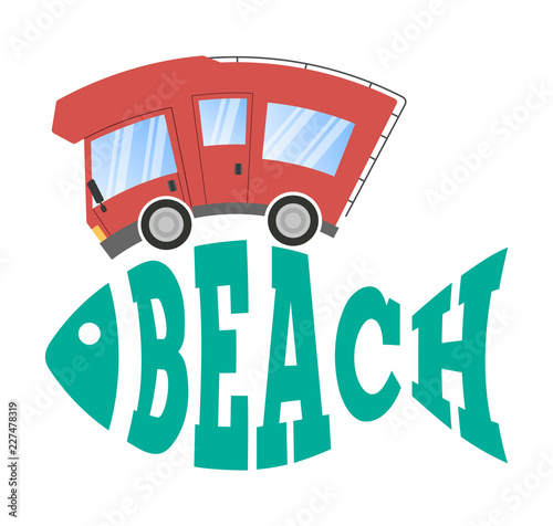 Caravan car and abstract fish text beach