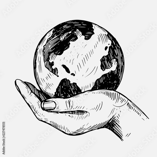Hand hold planet earth. Hand drawn illustration converted to vector