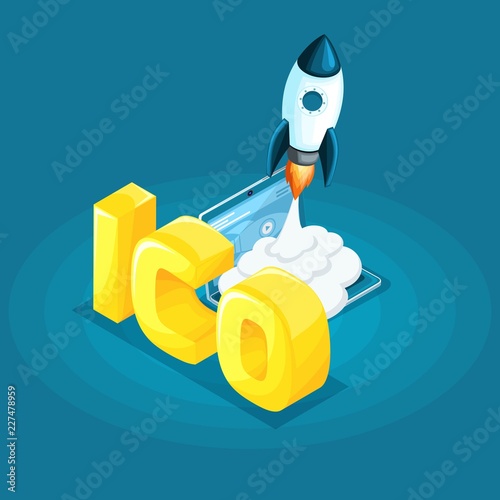 Isometric concept of the blockchain infographic, cryptocurrency mining, ico startup project vector illustration