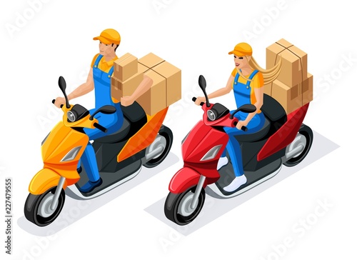 Isometric man and woman in uniform ride on scooters with cardboard boxes, the work of the delivery service. Delivery Concept. Fast delivery van. Delivery man