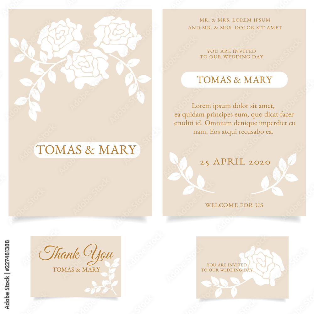 Template for wedding with golden rose and leaf