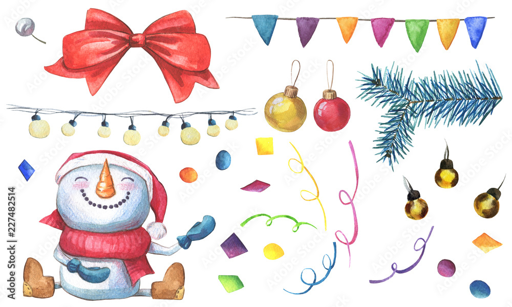 Fototapeta premium Winter watercolor set. Snowman, confetti, garland with flags, lightbulbs and other christmas objects.