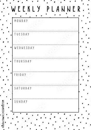 Vector weekly planner in cute style with polka dot pattern. Printable week schedule with hand drawn elements, ready to use.