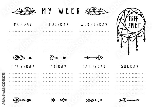 Vector weekly planner in boho style with arrows and feathers. Printable week schedule with hand drawn elements, ready to use.