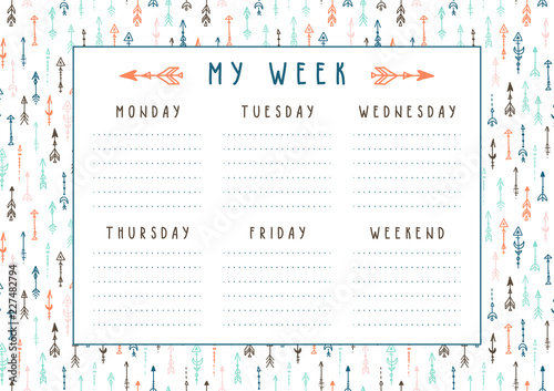 Vector weekly planner in boho style with arrows and feathers. Printable week schedule with hand drawn elements, ready to use.