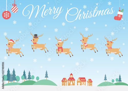 Set of characters cartoon cute Reindeer attributes for winter holidays and Christmas in different costumes  running in the sky on the village and forest  vector illustration.