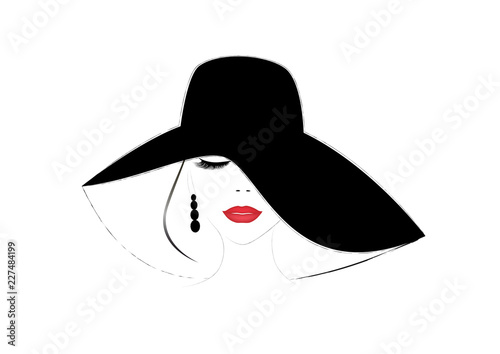 smiling beautiful woman face with closed eyes and red  lips in a wide brimmed hat, horizontal vector illustration