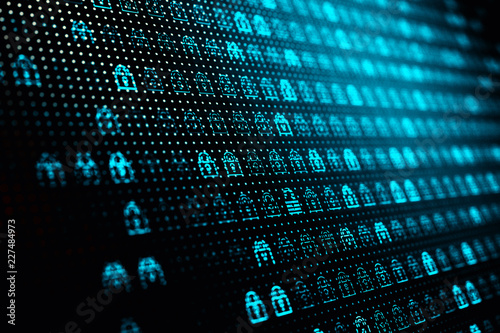 Computer data access protection and network security concept, background with lots of symbols of blue closed locks on the screen