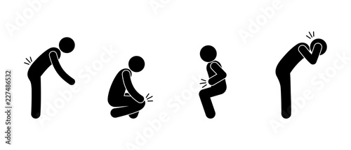 A person feels pain in different parts of his body. Pictogram of people, illustration of pain in the back, head, stomach and leg. Man icon set.