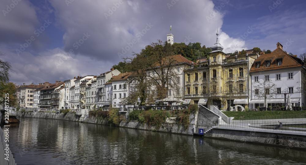 Panoramic view of the Ljubljana Historical Center with river Ljubljanica and castle on the hill, Slovenia
