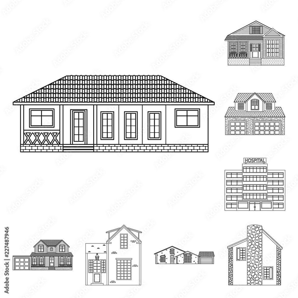 Vector design of building and front sign. Set of building and roof stock symbol for web. Vector design of building and front sign. Set of building and roof stock symbol for web.