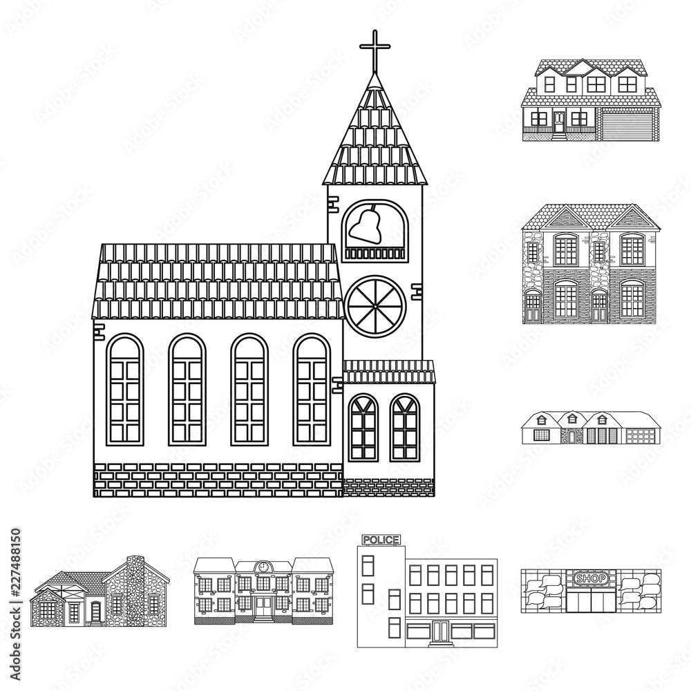 Vector design of building and front symbol. Collection of building and roof stock symbol for web.