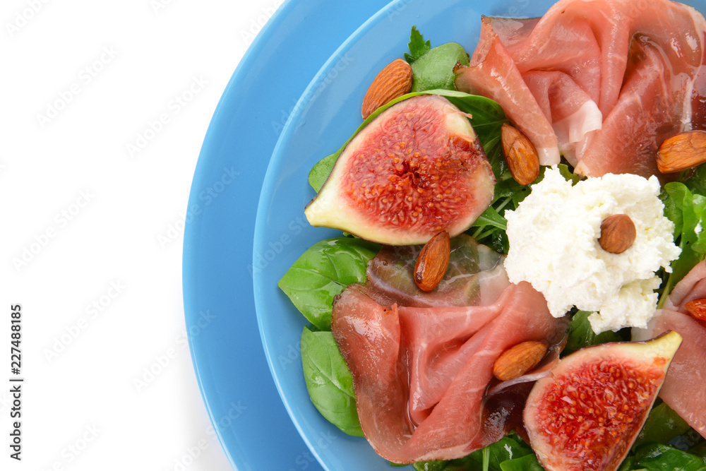 Plates with delicious fig salad on white background Plates with delicious fig salad on white background