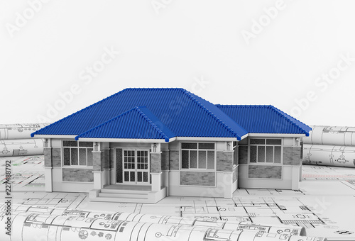 Construction plans with drawing tools and House, Architectural and engineering housing concept. 3d render