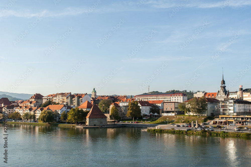 A general view of Maribor, Slovenia with houses on the Drava River