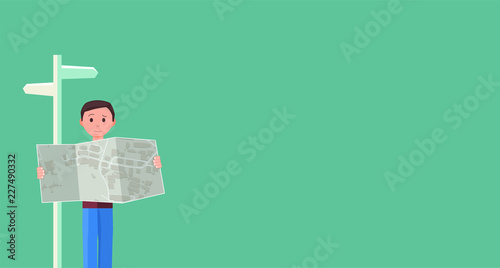 Vector file of flat illustrated man reading a map next to a sign post - perfect for a "How to Find Us" section background