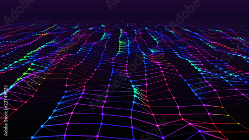 Modern abstract particle surface wave. Wavy grid of bright colorful metal dots creating curved plane. Futuristic technology concept 3D illustration. Stylized Hi-Tech backdrop with Field of View © Eduard Muzhevskyi