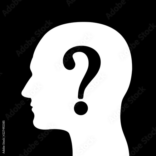 Man with question mark over the silhouette of head - unknown person with hidden and anonymous identity. Unidentified person and character. Vector illustration