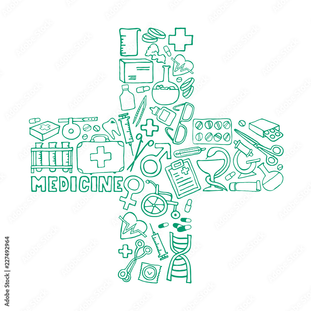 Medical concept - cross. The cutest doodle medicine icon set for your design. Hand drawn Health care, pharmacy, medical cartoon symbols. Vector illustrations eps 10.