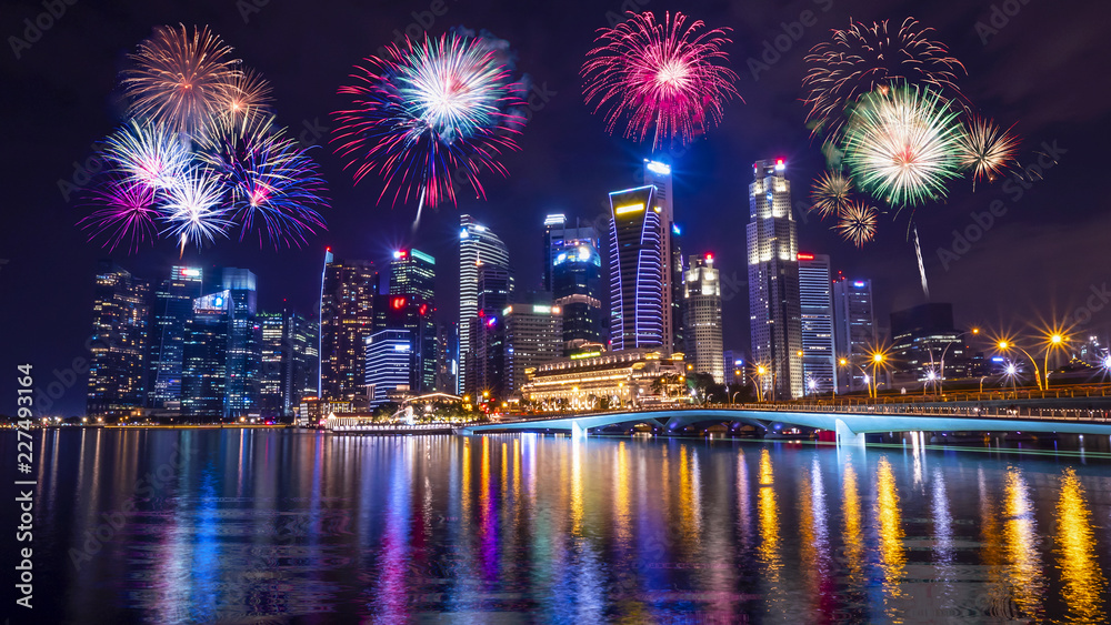 Singapore cityscape Night light with fireworks 1