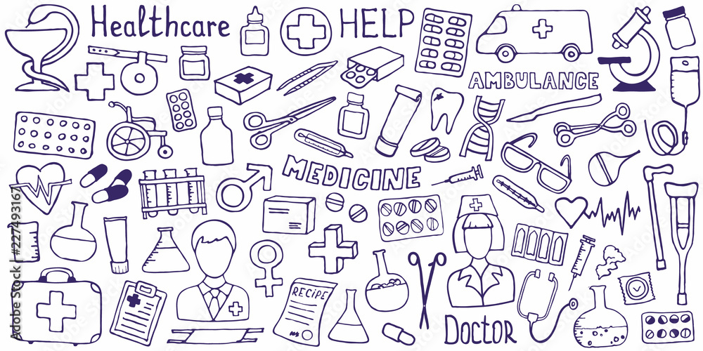 Medical concept - cross. The cutest doodle medicine icon set for your design. Hand drawn Health care, pharmacy, medical cartoon symbols. Vector illustrations eps 10.
