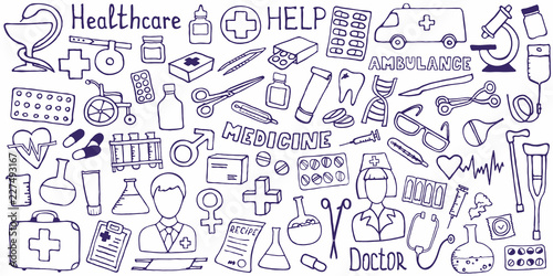 Medical concept - cross. The cutest doodle medicine icon set for your design. Hand drawn Health care, pharmacy, medical cartoon symbols. Vector illustrations eps 10.