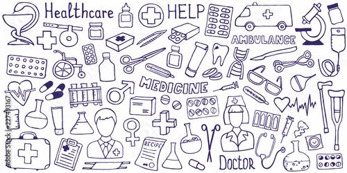 Medical concept - cross. The cutest doodle medicine icon set for your design. Hand drawn Health care, pharmacy, medical cartoon symbols. Vector illustrations eps 10.