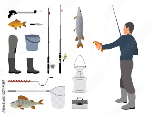Fishing Man and Fish Items Set Vector Illustration
