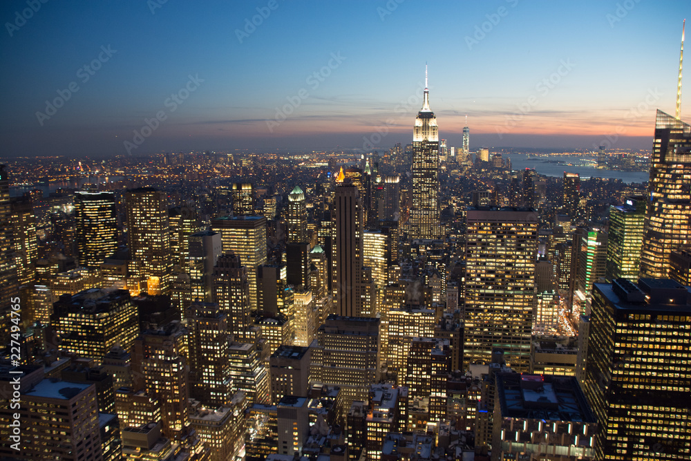 New York City skyline at dusk in fading light