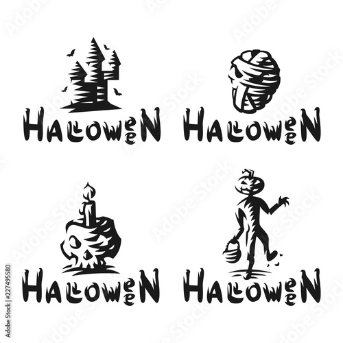 Halloween set logo - vector illustrations. Emblem design of mummy, scarecrow, castle and skull
