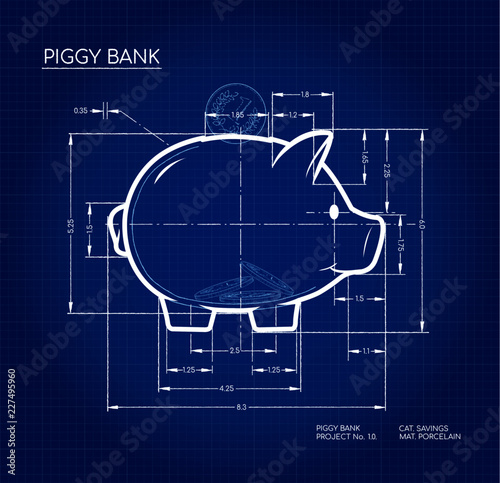 Project - blueprint scheme of piggy bank. Working sketch of money container in cute pig form with dimensions.