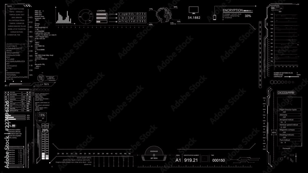 PNG Alpha.HUD interface frame viewfinder.Technological futuristic Sci Fi display with code text.Alpha channel. Template for your video.