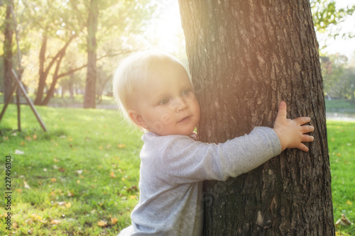 Cute little child with old tree in park outdoors