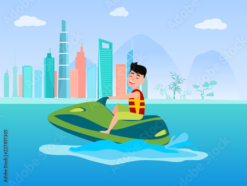 Jet Ski Summer Activity at Sea, Man in Life-Jacket