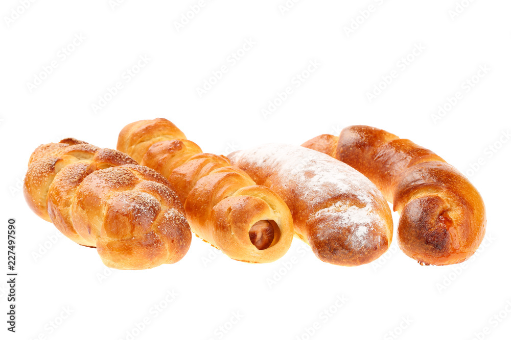 Four traditional Bulgarian breakfast pasty meals, isolated on white - Kozunak (sweet leavened bun), Krenvirshka (with hotdog like sausage), Lokumka (with turkish delight) and Kifla with marmalade Four traditional Bulgarian breakfast pasty meals, isolated on white - Kozunak (sweet leavened bun), Krenvirshka (with hotdog like sausage), Lokumka (with turkish delight) and Kifla with marmalade