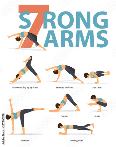 Set of yoga postures female figures for Infographic 7 Yoga poses for strong  arms in flat design. Woman figures exercise in blue sportswear and black  yoga pants. Vector Illustration. Stock Vector