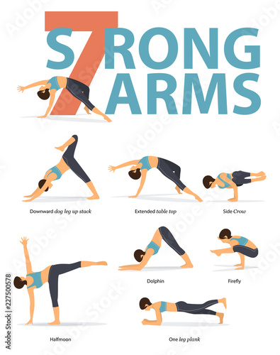 Set of yoga postures female figures for Infographic 7 Yoga poses for strong arms in flat design. Woman figures exercise in blue sportswear and black yoga pants. Vector Illustration.