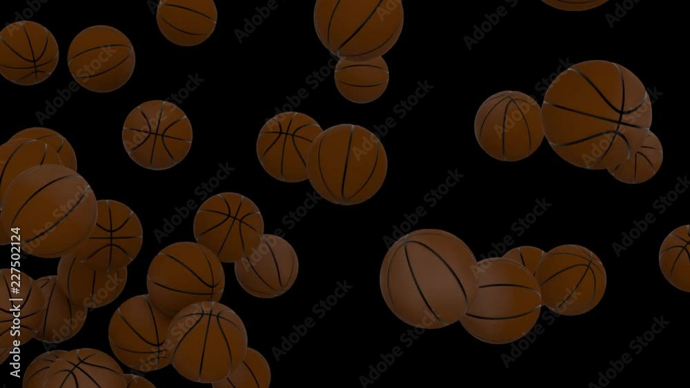 Animated basketballs flying or exploding from left to right in slow motion. Black background, mask included. Animated basketballs flying or exploding from left to right in slow motion. Black background, mask included.