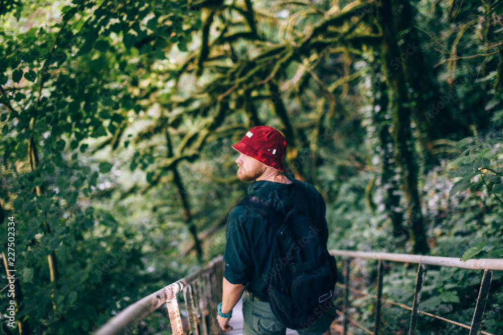 Back view of smiling traveler in red hat, wearing backpack climbing up on wooden passage in national nature park in Germany.