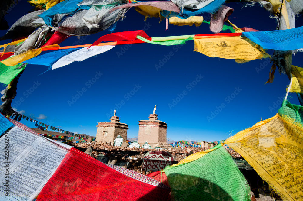 Prayer flags and monastery in Tibet, China