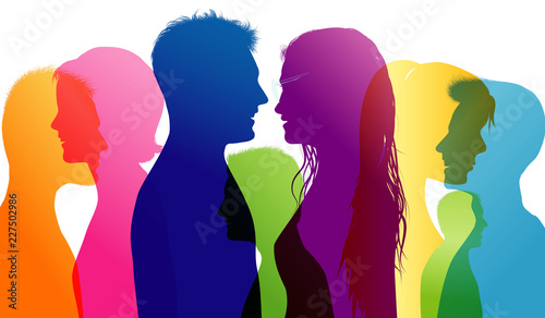 Dialogue and comparison between students. Young people talking. Colored silhouette profiles. Talking crowd. Vector Multiple exposure