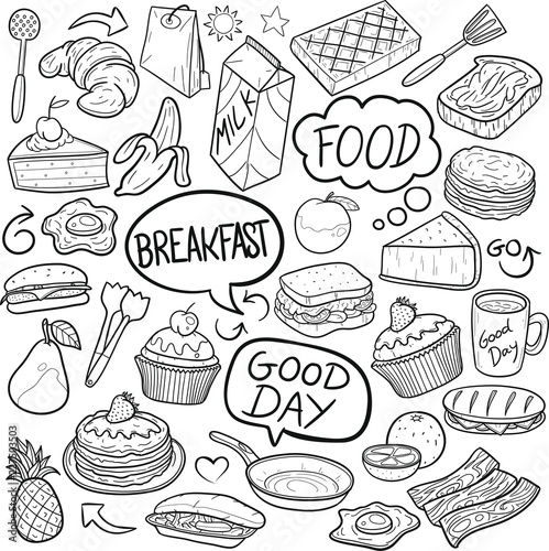 Breakfast Food Traditional Doodle Icons Sketch Hand Made Design Vector